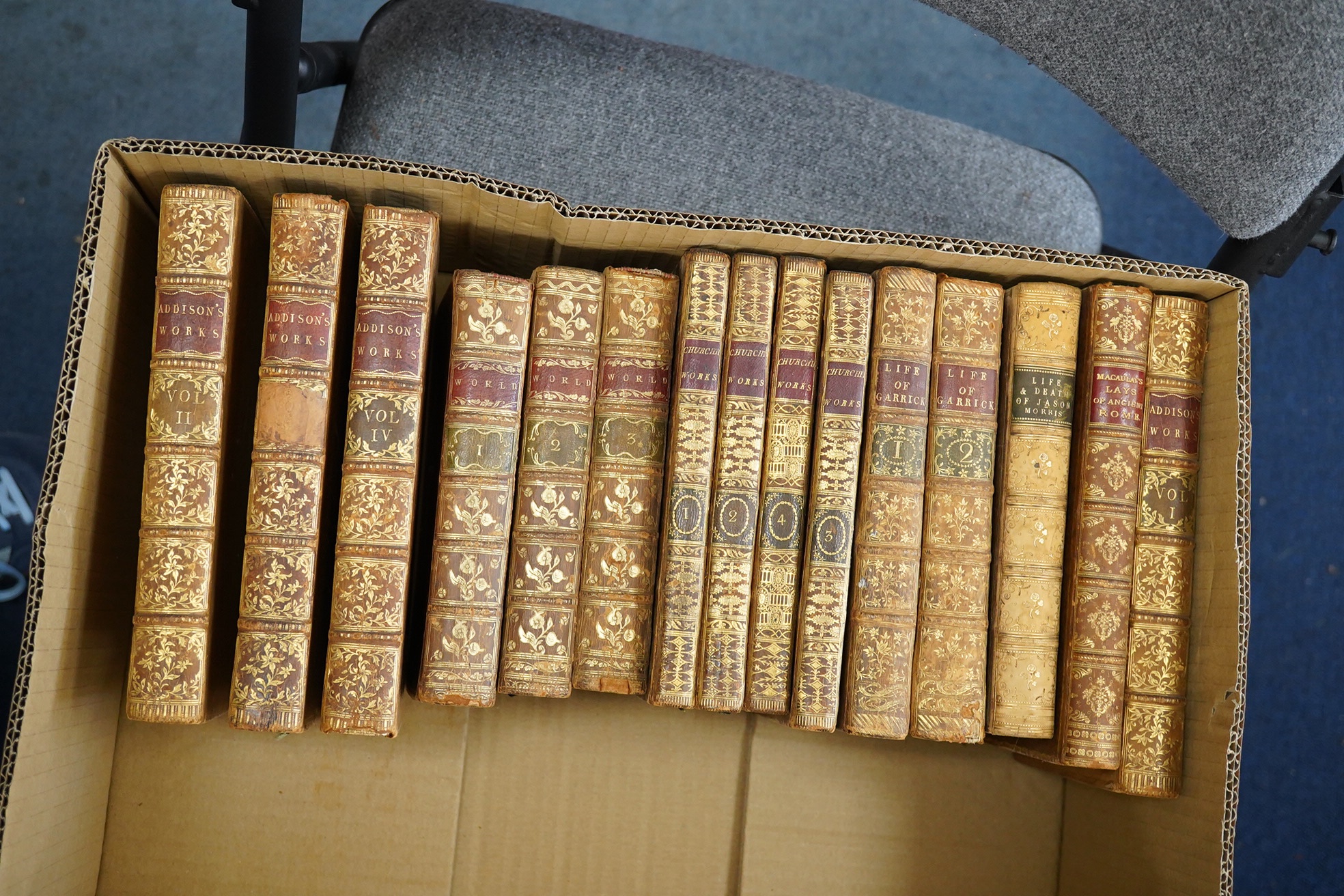 Bindings - Addison, John - The Miscellaneous Works, 4 vols, 8vo, calf, 1765; Fitz-Adam, Adam - The World, 3 vols, 12mo, calf, 1774; Churchill, C - 4 vols, 5th edition, 8vo, tree calf, 1774; Davies, Thomas - Memoirs of th